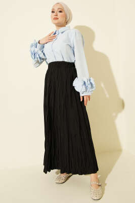 Beli Lastikli Kırışık Kloş Etek Siyah - Etek