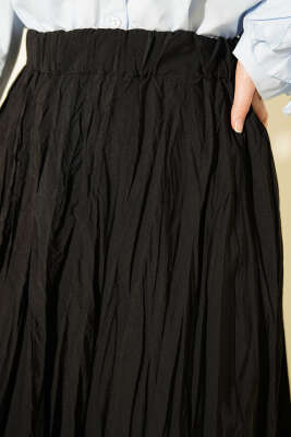 Beli Lastikli Kırışık Kloş Etek Siyah - Etek