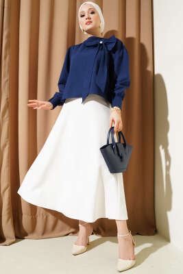 Beli Lastikli Kloş Basic Etek Beyaz - Yeni Tesettür Giyim