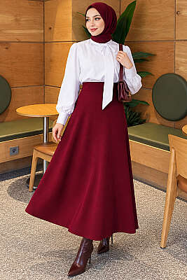 Beli Lastikli Kloş Basic Etek Bordo - ELFİDA TEKSTİL