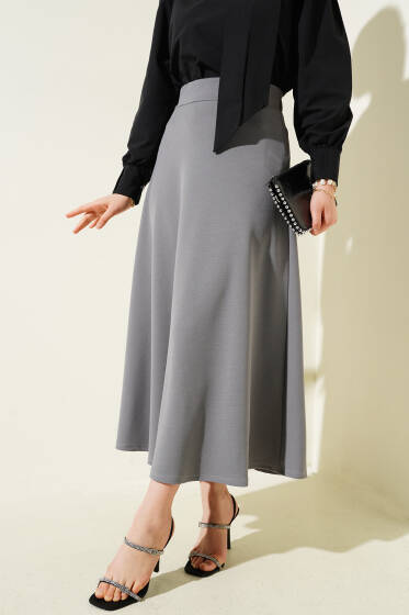 Beli Lastikli Kloş Basic Etek Gri - Uzun Etek