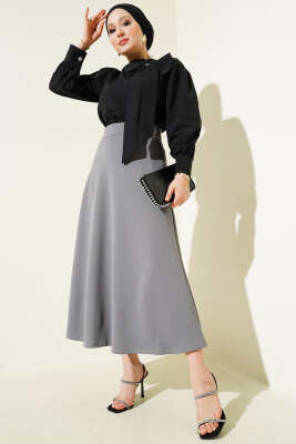 Beli Lastikli Kloş Basic Etek Gri - Uzun Etek