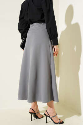 Beli Lastikli Kloş Basic Etek Gri - Yeni Tesettür Giyim