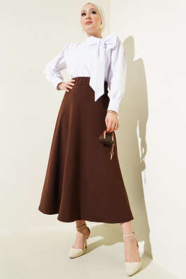 Beli Lastikli Kloş Basic Etek Kahve - Uzun Etek