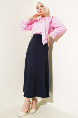 Beli Lastikli Kloş Basic Etek Lacivert - Uzun Etek