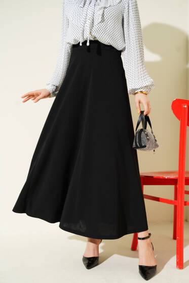 Beli Lastikli Kloş Dabıl Etek Siyah - Etek