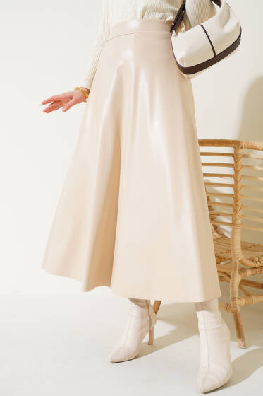 Beli Lastikli Kloş Deri Etek Bej - Etek