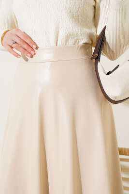 Beli Lastikli Kloş Deri Etek Bej - Uzun Etek