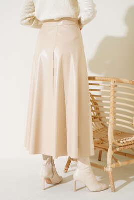 Beli Lastikli Kloş Deri Etek Bej - Uzun Etek