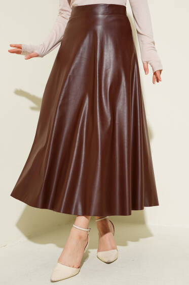 Beli Lastikli Kloş Deri Etek Kahve - Etek