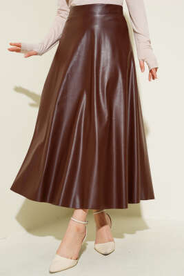 Beli Lastikli Kloş Deri Etek Kahve 