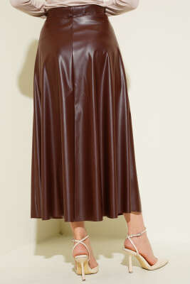 Beli Lastikli Kloş Deri Etek Kahve - Uzun Etek