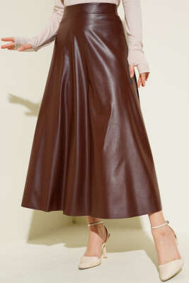 Beli Lastikli Kloş Deri Etek Kahve - Uzun Etek
