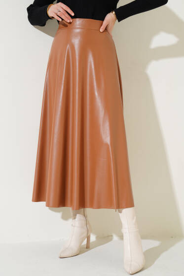 Beli Lastikli Kloş Deri Etek Latte - Etek