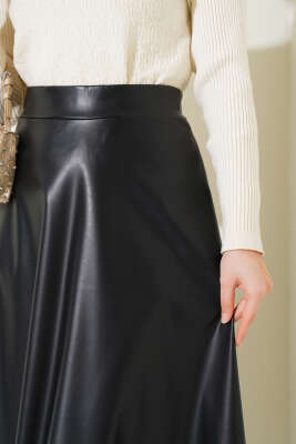 Beli Lastikli Kloş Deri Etek Siyah - Uzun Etek