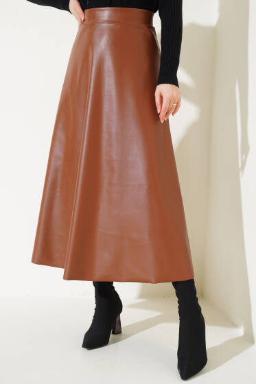 Beli Lastikli Kloş Deri Etek Taba - Etek