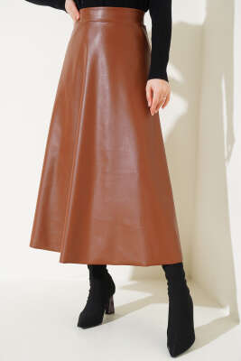 Beli Lastikli Kloş Deri Etek Taba 