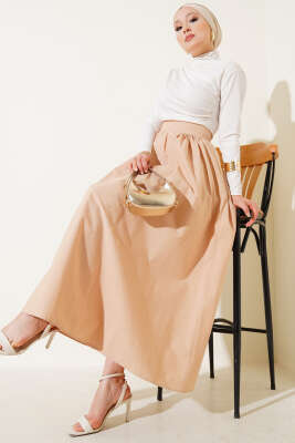 Beli Lastikli Kloş Etek Camel - Uzun Etek