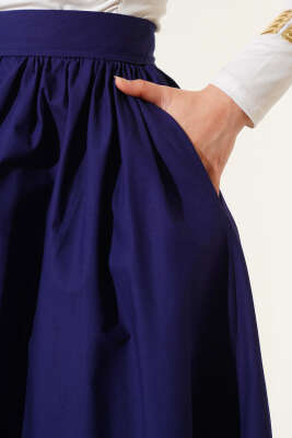 Beli Lastikli Kloş Etek Lacivert - Uzun Etek