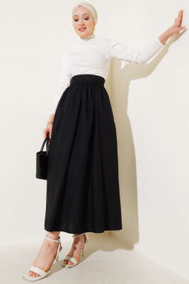 Beli Lastikli Kloş Etek Siyah - Uzun Etek