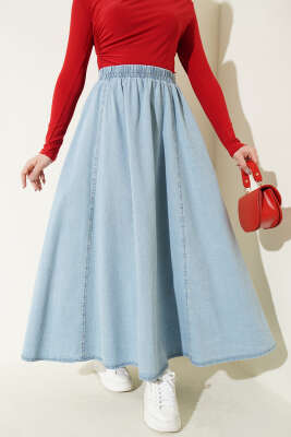 Beli Lastikli Kloş Kot Etek Açık Mavi - TEGOE