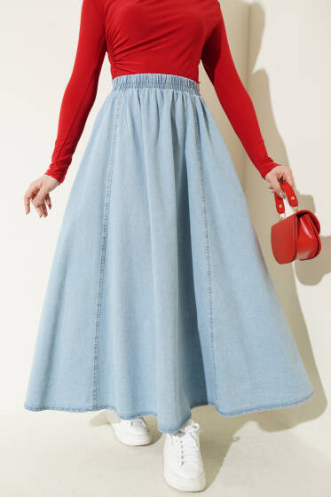 Beli Lastikli Kloş Kot Etek Açık Mavi - Etek