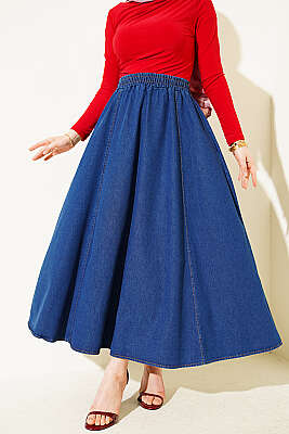 Beli Lastikli Kloş Kot Etek Koyu Mavi - TEGOE