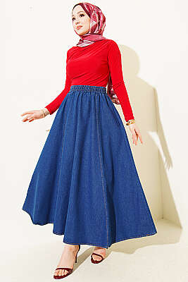 Beli Lastikli Kloş Kot Etek Koyu Mavi - Etek