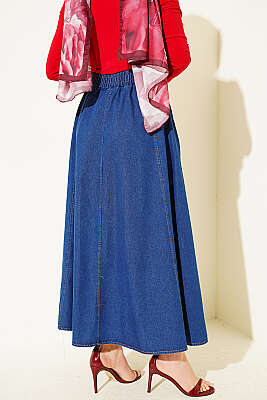 Beli Lastikli Kloş Kot Etek Koyu Mavi - Etek