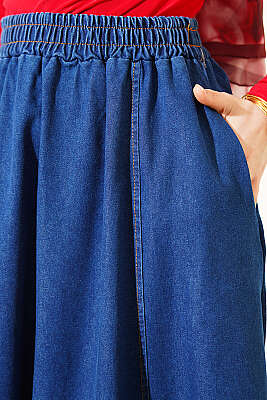 Beli Lastikli Kloş Kot Etek Koyu Mavi - Etek