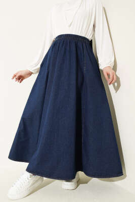 Beli Lastikli Kloş Kot Etek Lacivert - TEGOE