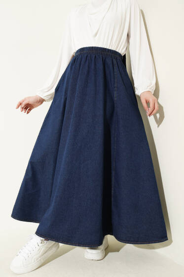 Beli Lastikli Kloş Kot Etek Lacivert - Etek
