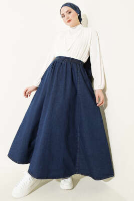 Beli Lastikli Kloş Kot Etek Lacivert - Etek