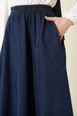 Beli Lastikli Kloş Kot Etek Lacivert - Etek