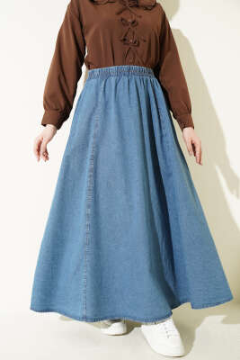 Beli Lastikli Kloş Kot Etek Mavi - TEGOE