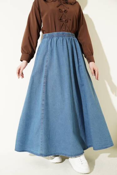 Beli Lastikli Kloş Kot Etek Mavi - Etek