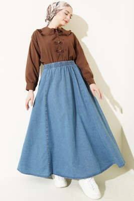 Beli Lastikli Kloş Kot Etek Mavi - Etek