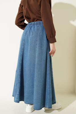 Beli Lastikli Kloş Kot Etek Mavi - Etek