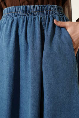 Beli Lastikli Kloş Kot Etek Mavi - Etek