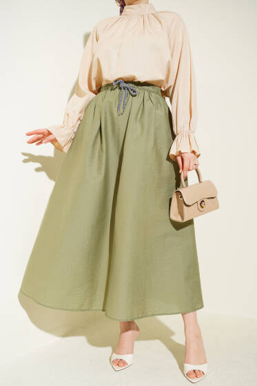 Beli Lastikli Kloş Paraşüt Etek Çağla Yeşili - Yılın Fırsatı