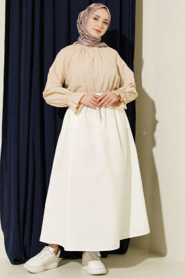 Beli Lastikli Kloş Paraşüt Etek Ekru - Etek