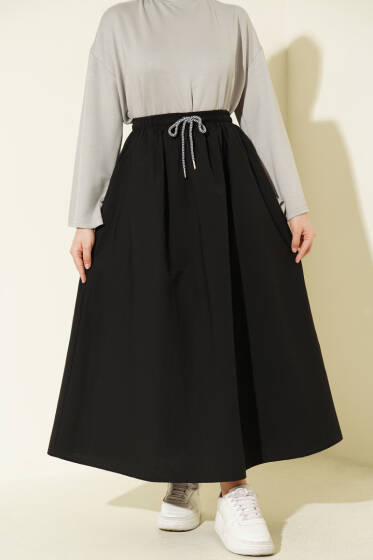 Beli Lastikli Kloş Paraşüt Etek Siyah - Etek