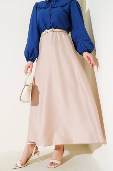 Beli Lastikli Kloş Saten Etek Bej - Etek