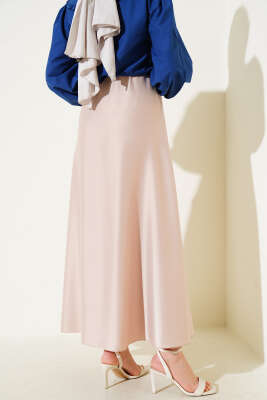 Beli Lastikli Kloş Saten Etek Bej - Uzun Etek