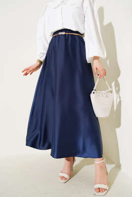 Beli Lastikli Kloş Saten Etek Lacivert - Uzun Etek