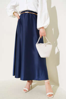 Beli Lastikli Kloş Saten Etek Lacivert - Uzun Etek