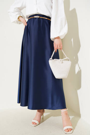 Beli Lastikli Kloş Saten Etek Lacivert - Uzun Etek