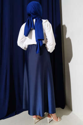 Beli Lastikli Kloş Saten Etek Lacivert - Uzun Etek