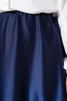 Beli Lastikli Kloş Saten Etek Lacivert - Uzun Etek