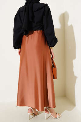 Beli Lastikli Kloş Saten Etek Latte - Uzun Etek